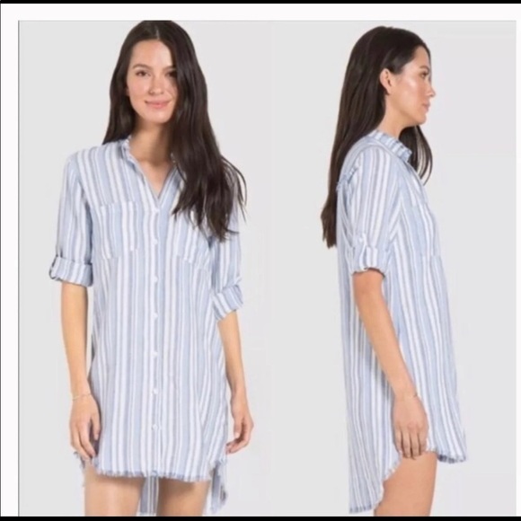 Anthropologie Cloth & Stone High-Low Frayed Linen BlendStriped Tunic Shirt Dress - Picture 1 of 8
